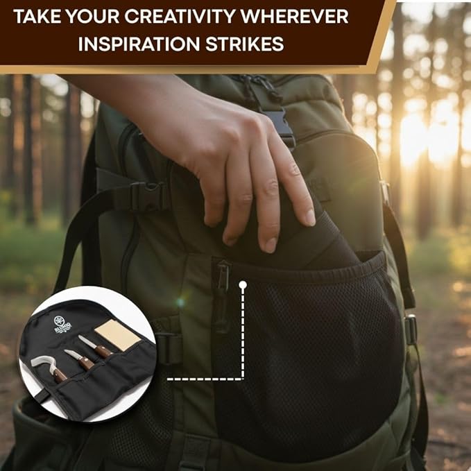 Wood Carving Kit for Beginners | Complete 18-Piece Wood Carving Knife Set | Online Video Training | Travel Ready Roll Bag | Strong Rivet Assembly | Sharpening Accessories | Whittle kit for Beginners
