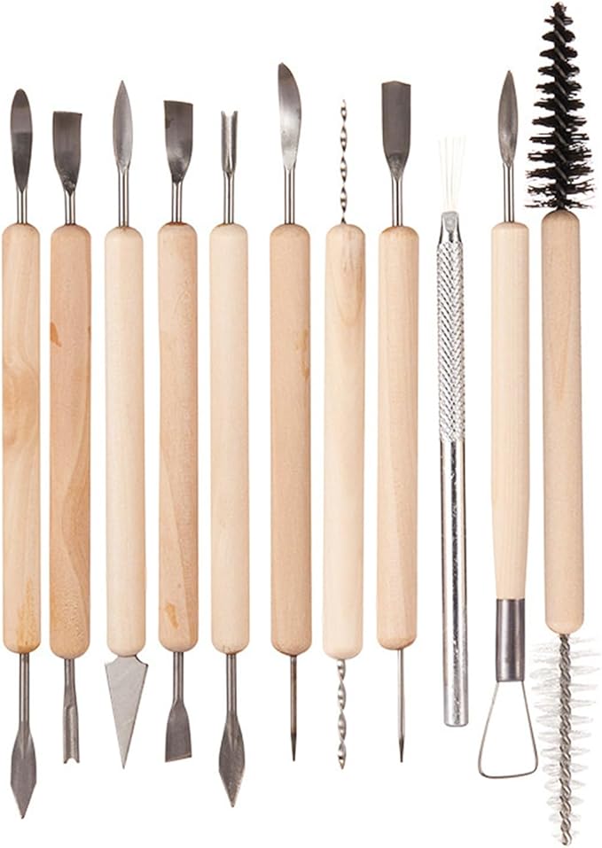 11-Pc Wood-Handled Pottery Carving Set – Stainless-Head Clay Sculpting Knives for DIY Ceramics & Precision Detail Work (11 Clay Sculpture Tools)