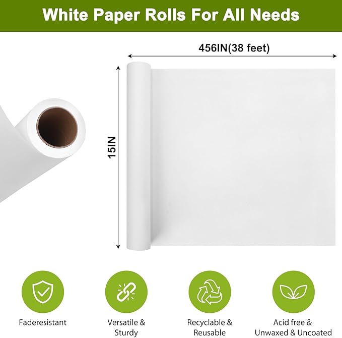 Moretoes 15" x 456"(38') White Wrapping Kraft Paper Roll, Kraft Packing Paper Roll for Gift Wrapping Craft Bulletin Board Banner Art Bouquet Flower Packing Moving Shipping 75GSM