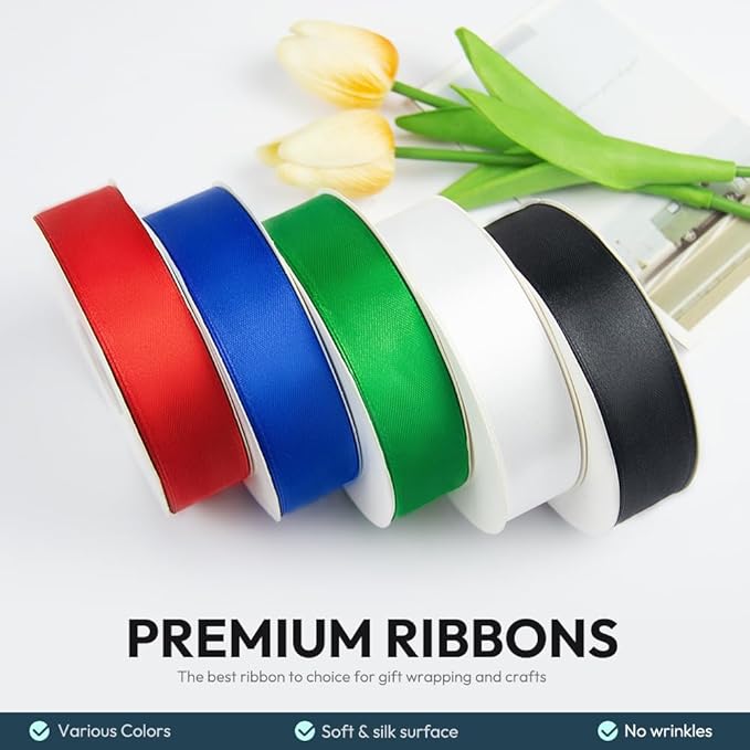 KMER LIFE 1 inch Wide x 50 Yards White Single Faced Polyester Satin Ribbon, White Satin Ribbon Perfect for Wedding Decor, Wreath, Crafts, Gift Wrapping & Other Projects (White)