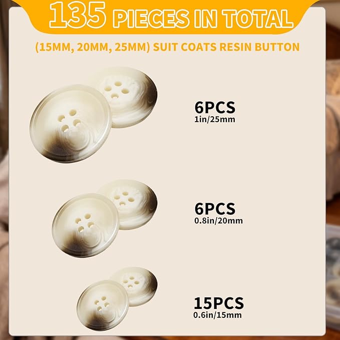 Assorted Buttons for Sewing Crafts,135Pcs 4-Hole Round Blazer Buttons, 5 Color 3 Size (15mm, 20mm, 25mm) Resin Button for Suit,Shirt,Coats,Clothes Sewing,DIY Craft (Black,White,Blue,Coffee Color)
