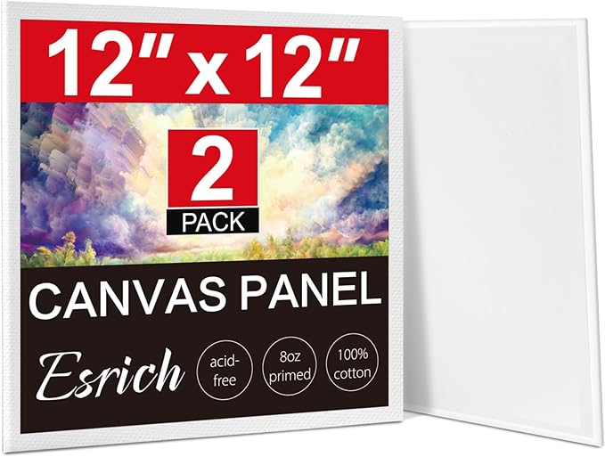ESRICH Canvas for Painting, 2 Pack Square Canvas Boards for Painting 12x12 100% Cotton Primed Acid Free Blank Canvas Panels for Oil Paint, Watercolor, Acrylic Paint, Gouache and Tempera.