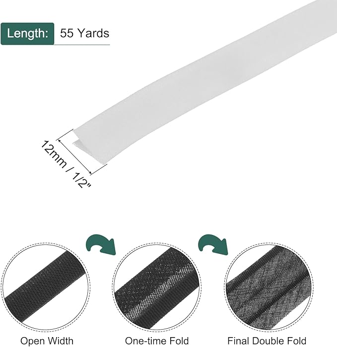 MECCANIXITY 1/2 Inch Double Fold Bias Tape Polyester Continuous Bulk Bias Tape for Sewing,Seaming Quilting Hemming Binding Crafts (White 55 Yards)