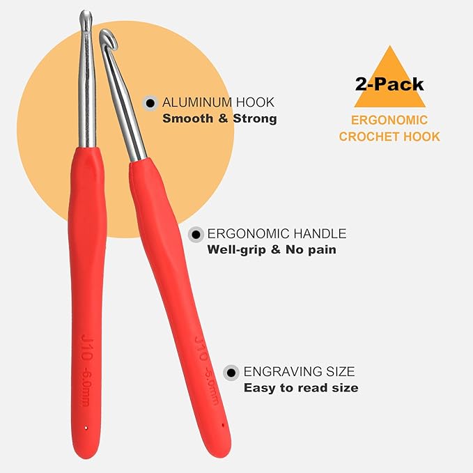2Pcs 6.0mm Crochet Hooks, Ergonomic Crochet Hook for Arthritis and Beginners, Extra Long, Smooth, Comfortable (Size J / 6.0mm)