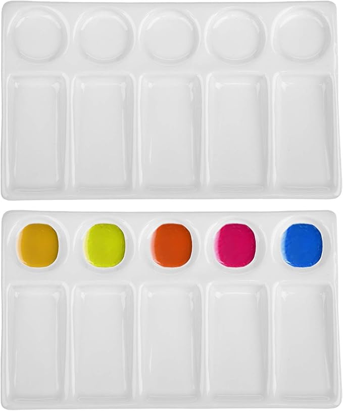 Jucoan 2 Pack 10-Well Ceramic Watercolor Painting Palette, 7-1/2 x 4-1/4 Inch Rectangle Porcelain Artist Paint Palette Mixing Tray for Watercolor, Gouache, Acrylic