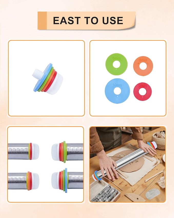 eZAKKA Adjustable Rolling Pin with Thickness Rings, 17inch Clay Pottery for Clay Tools, Pottery Tools with Clay Slab Roller & Clay Guides Sticks