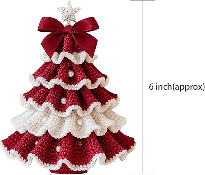 DIY Crochet Christmas Tree Kit – Handmade Holiday Decoration Set,Parent-child activities craft kit,Tree Bow Pearl Embellishment,Cross-stitch by hand,Festive decorations (Multicolour) (Red & White)