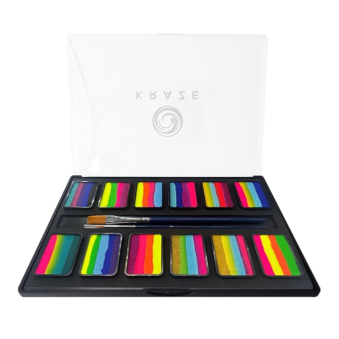 Kraze FX Graffiti Split Cake Palette - 12 x 10 gm by Tamina Muhammed Professional 1-Stroke Split Cake Hypoallergenic Non-Toxic Water Activated Face and Body Painting for Kids Safe Adults