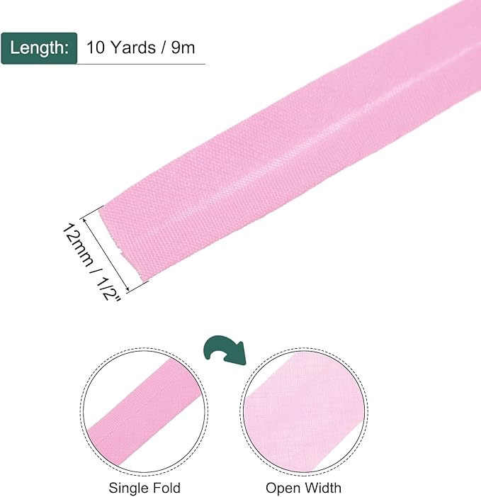 MECCANIXITY 1/2 Inch Single Fold Bias Tape Polyester Continuous Bulk Bias Tape for Sewing,Seaming Quilting Hemming Binding Crafts (Pink 10 Yards)