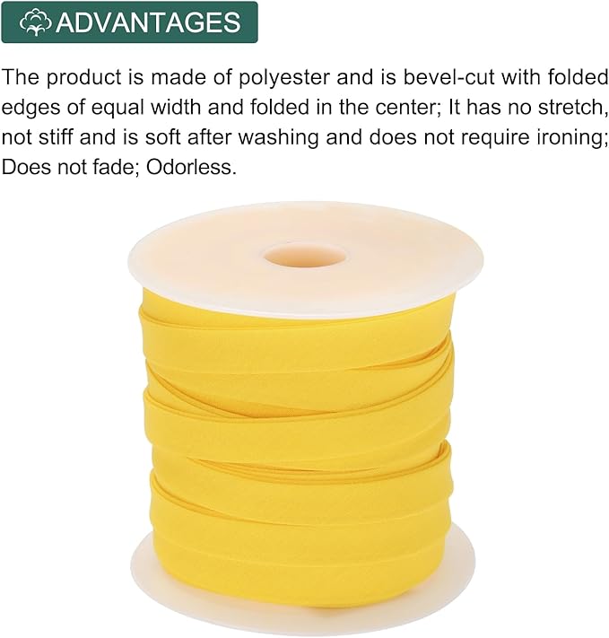 MECCANIXITY 1/2 Inch Double Fold Bias Tape Polyester Continuous Bulk Bias Tape for Sewing,Seaming Quilting Hemming Binding Crafts (Yellow 25 Yards)