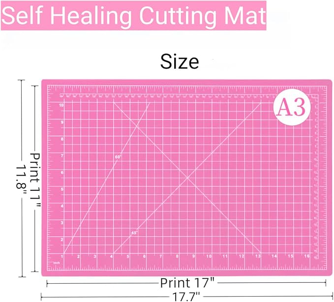 45mm Rotary Cutter and Mat Set, Fabric Cutter Wheel and 12x18 Inch Self Healing Sewing Cutting Mat, Fabric Rotary Cutter with 5pcs Rotary Blades for Quilting Patchworking Crafts, Pink
