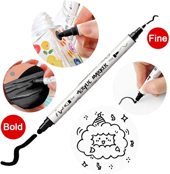 TRANSON 4 Black and 4 White Paint Markers Bold and Fine Dual-tip Acrylic Paint Marker Set for Rock Painting Glass Canvas Wood Leather Ceramic Painting