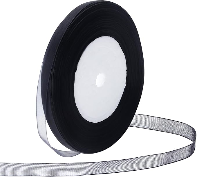 Black Ribbon for Gift Wrapping 3/8 inch Sheer Organza Ribbon for Flower Bouquet Tulle Chiffon Ribbons for Wedding Invitations Christmas Halloween Decorations Crafts 50 Yards