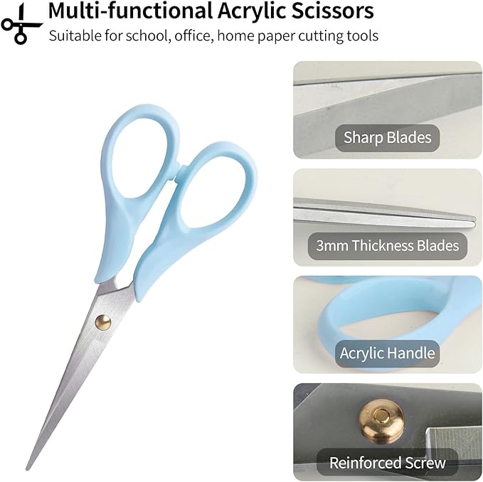 Gold Scissors, Stainless Steel Blade with Acrylic Handle, All Purpose Scissor for Office, School, Home, Fabric Shears, Tijeras (6.3" Blue)