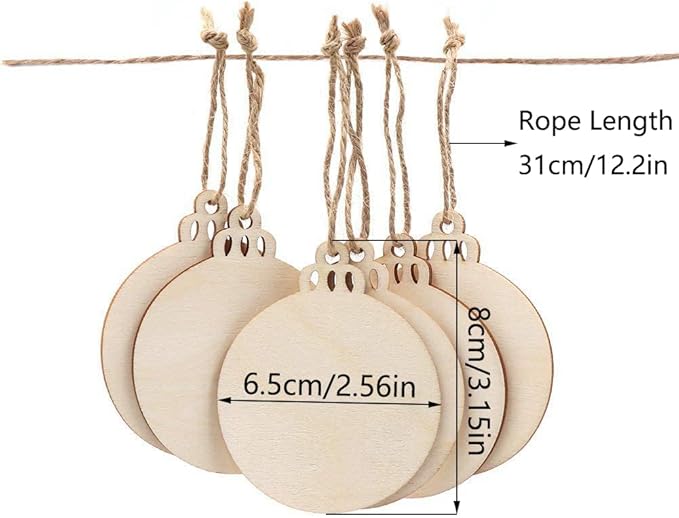 60pcs Wooden Ornaments, BetterJonny 3.15 * 2.56in Unfinished Natural Wood Slices with Holes Blank Wood Discs with 60pcs Jute Rope for DIY Christmas Decoration