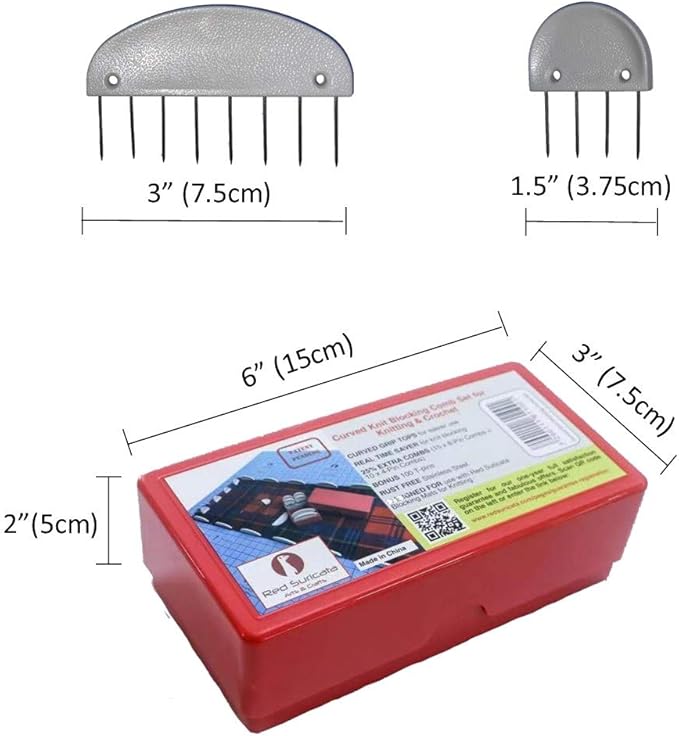 Red Suricata Curved Knit Blocking Combs Set of 25 Curved Edge Blockers for Knitting & Crochet Projects Extra 100 T pins Use with Blocking Mats - Patent Pending (25 Blockers - 2 Sizes)