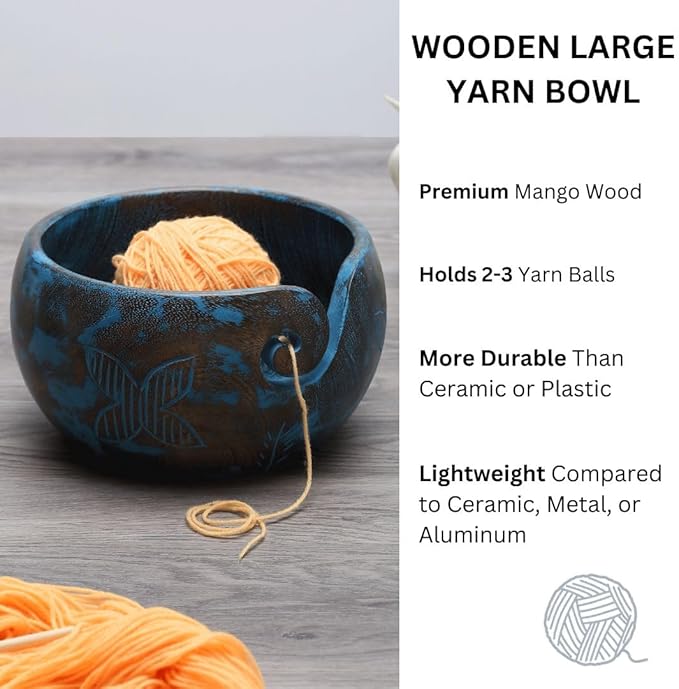 Large Wooden Blue Yarn Bowl for Crocheting - Crochet Holder (7x4) - Knitting Yarn Ball Storage - Crafting Christmas Gifts for Women, Gifts for Moms, Birthday