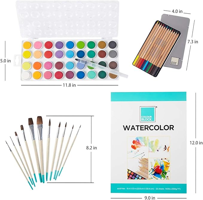 COLOUR BLOCK 62-Piece Watercolor Paint Set, Pencil, Brushes and Water color Paper Painting Set Vibrant Colors Art Kit