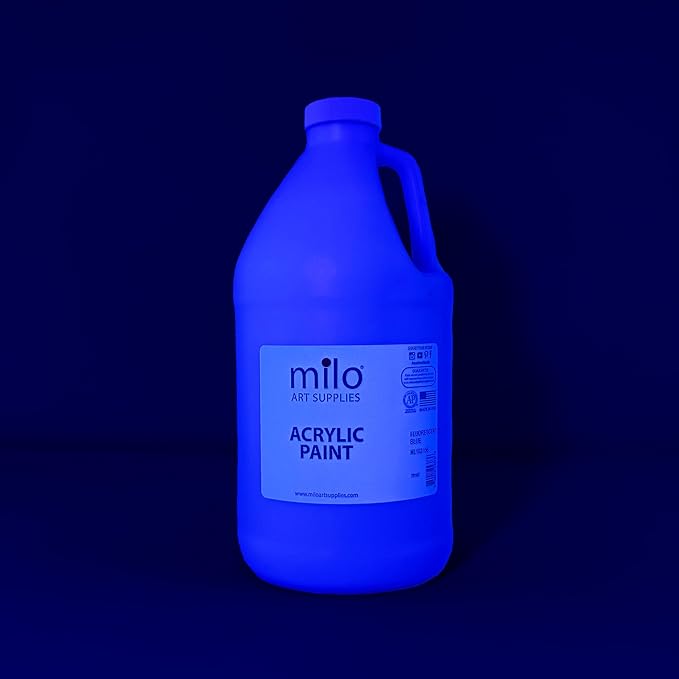 milo Fluorescent Blue Neon Acrylic Paint | 64 oz Bottle Half Gallon | Glows UV in Black Light | Non-Toxic Made in USA | Bulk Art Paint for Party, Student, Classroom, Artist