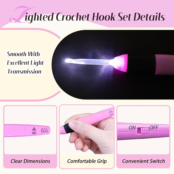 Yarniss Light Crochet Hooks Set with Case,9 Size Light Up Crochet Hooks with Battery 2.5mm~6.5mm,Glow in Dark Crochet Needle Set