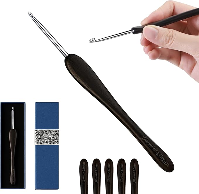 Yarniss 4mm Ergonomic Crochet Hook with Ebony Wood Handle, Stainless Steel Crochet Needle with Deep Throat,Arthritis Crochet Hook with Case