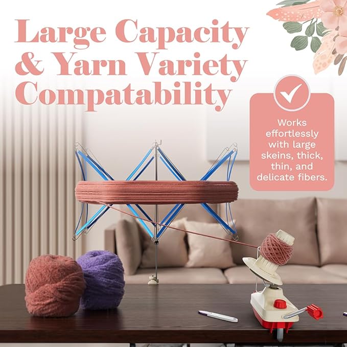 ClarArti Yarn Ball Winder for Crocheting, Knitting, & Other Yarn Crafts | Quick, Quiet, Creates Yarn Balls & Yarn Cakes | Medium Capacity, Can Handle Average Size Yarn Skeins (Red/White)