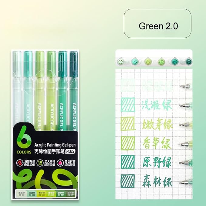 Acrylic Gel Pens for Coloring Books, Quick Dry 6 Pcs 1.0mm Fine Point Gel Marker Pen for Drawing, Journaling Art, Green-2