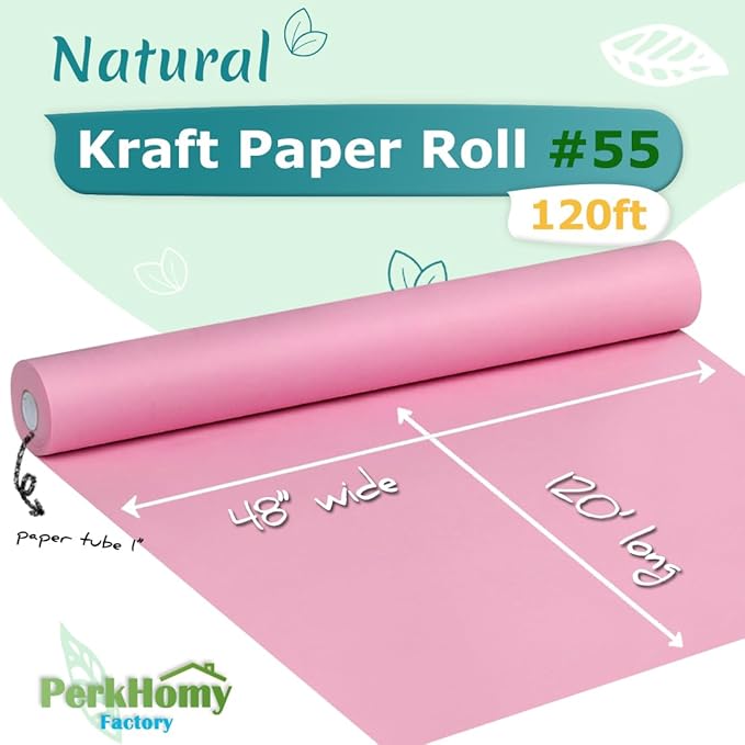 PerkHomy 48" x 1,440" (120') Light Pink Kraft Paper Roll for Craft Bulletin Board Paper Art Table Covering Crafting Gift Wrapping Bouquet Packing Parcel 80GSM 55LB (Light Pink, 48" x 120')