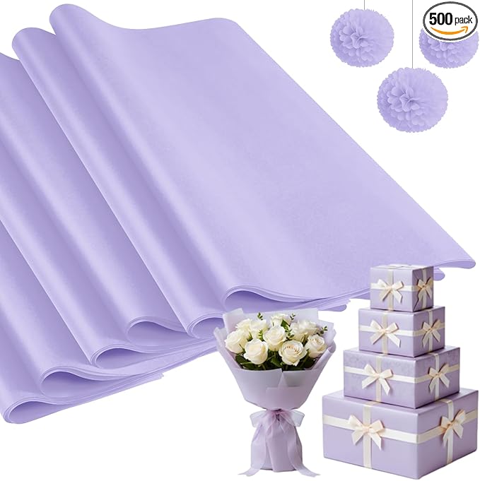 Qilery 500 Sheets Lavender Tissue Paper Bulk 15x20 Inch Acid Free Paper for Gift Bags, Floral Bouquet Wrapping, Valentine's Day Easter DIY Crafts, Wedding, Baby Shower Decor, Shipping Packing