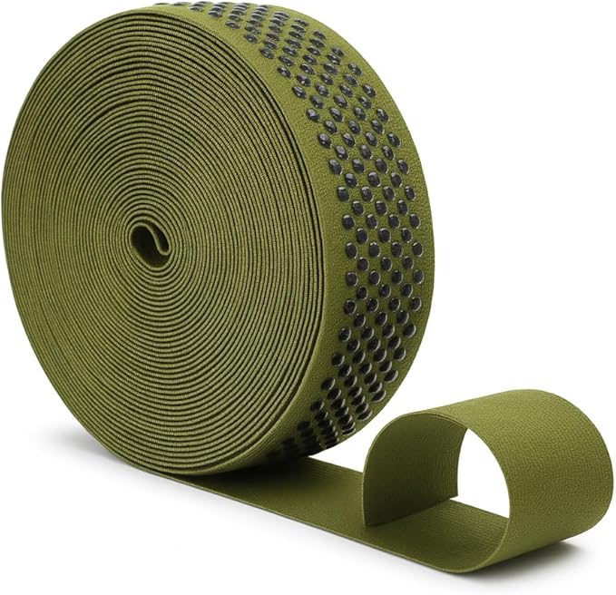 Mandala Crafts 1.5 Inch Elastic Silicone Gripper Tape for Clothing - 10 Yds Dotted Non Slip Elastic Band for Sewing - Olive Green Silicone Flat Fabric Stretchy Ribbon Straps