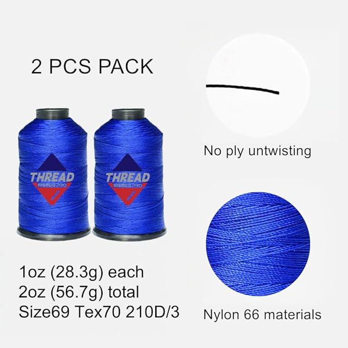 Sissewpro 1oz 375 yds Each 2 Pack Tex70 Bonded Nylon Thread 69 Upholstery Thread Heavy Duty Threads for Leather Sewing Machine, Beading, Hair Weaving, Denim, Canvas,Webbings 2oz Total（2, Blue）
