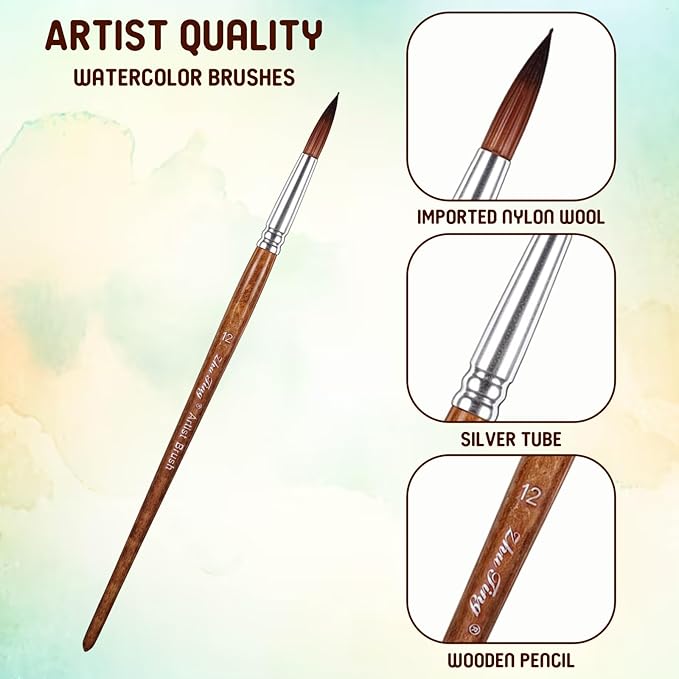 12 PCS Artist Watercolor Paint Brushes, Round Pointed Tip Artist Paint Brushes Round Paints Brush Basic Set Different Sizes Detail Paints Brush for Watercolor, Acrylic, Gouache, Ink
