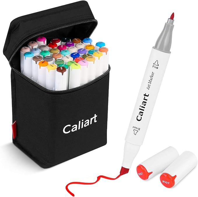 Caliart Art Markers, 41 Colors Alcohol Based Markers Pen Set Colored Dual Tip Fine & Chisel Permanent for Adults Coloring Book Drawing Illustration Sketch Highlighters Card Making