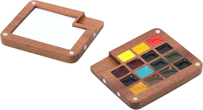 Soho Urban Artist Mini Wooden Travel Watercolor Set of 15 - Professional Watercolor Paint Set for Watercolorists & Plein Air Artists, Semi-Moist Pans, Pocket-Sized Magnetic Wood Case with Mixing Area