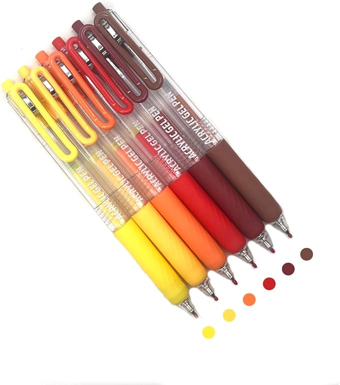 6 Pcs Acrylic Gel Pens 0.7mm Quick Dry Colorful Fine Point Smooth Writing Ballpoint, Office for Coloring, Black Paper, Drawing, Journaling, Note Taking, School Supplies, Vibrant Warm Colors