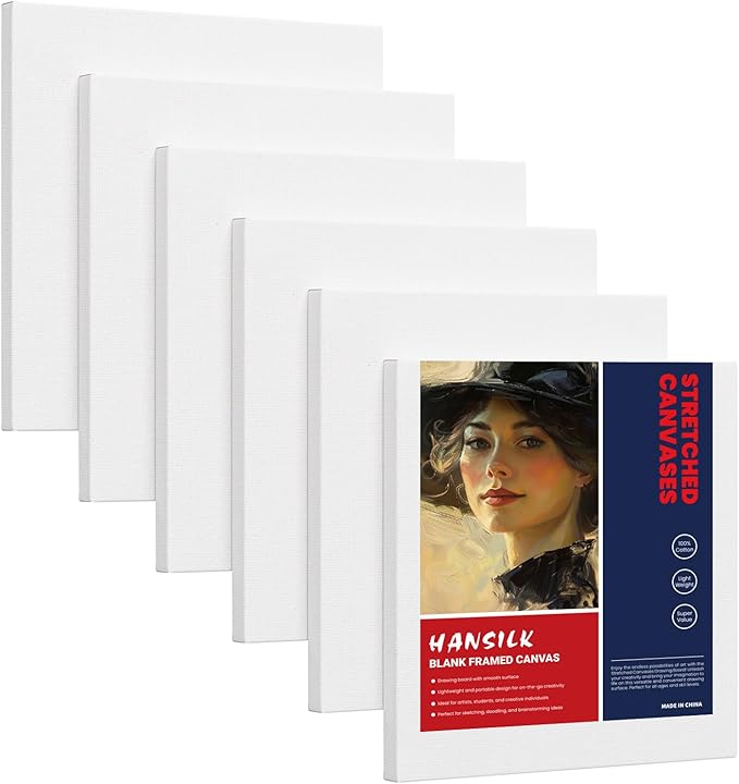 Stretched Canvas for Oil/Acrylic Painting 12x12 Inch (6 Pack) - 100% Cotton Triple Primed White Artist Canvas Boards, Blank for Acrylic, Oil, Watercolor - Professional Art Supplies