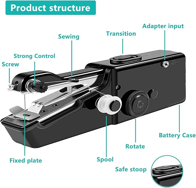 Handheld Sewing Machine Electric Sewing Mini Portable Sewing Machine Suitable for Beginners Sewing Clothes Family Travel DIY (Black)