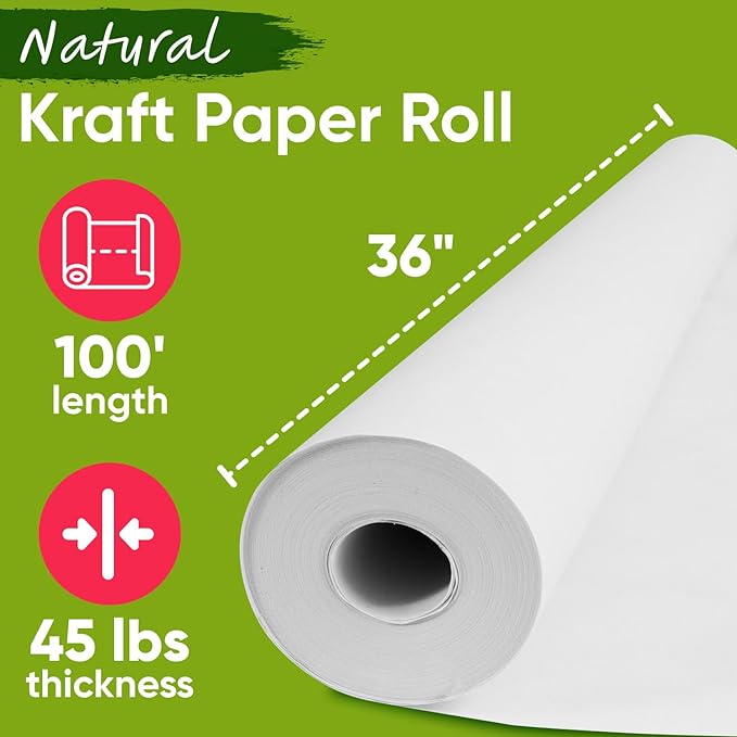 USA Made 36" x 1200" White Kraft Paper Roll, 45 lbs/66 GSM, American Produced Colored Kraft Paper for School, Bulletin Board - Odorless, Non-Toxic, Safe for Kids