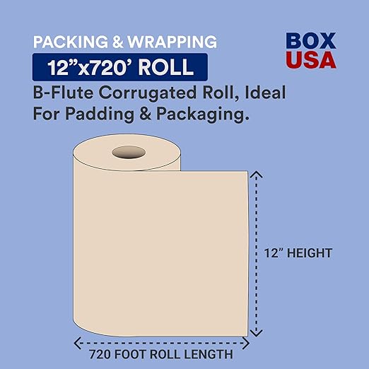 Box USA Kraft Brown Paper Roll, 50#, 12" x 720', 100% Recycled Paper, Ideal for Shipping, Packing, Moving, Gift Wrapping, Craft, Dunnage and Parcel