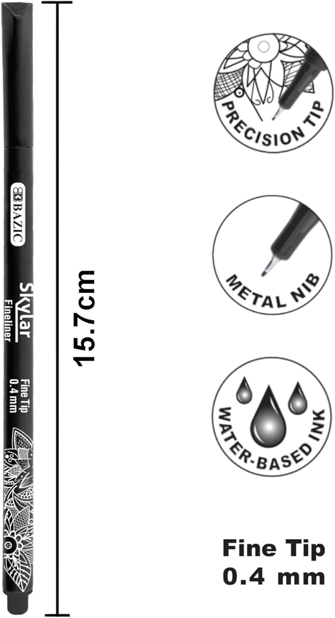 BAZIC Products Skylar Fineliner Pen, Fine Tip 0.4mm Pens, Black Ink, Writing Drawing Bullet Journaling Notes for Art Graphic Office School, 4 Count, 24-Pack