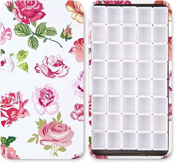 Portable Watercolor Tins Paint Palette with 40Pcs Empty Half Pans and Magnetic Squares, Small Travel Metal Paint Box with Acrylics Painting Art Drawing.White Rose