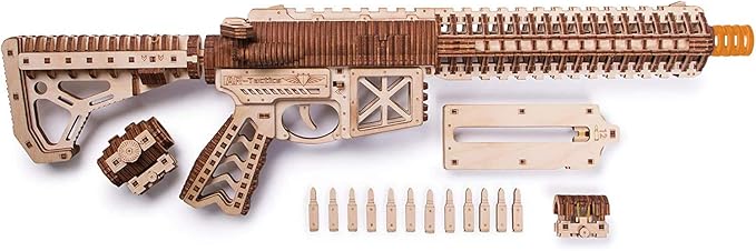 Wood Trick Gun AR-T 3D Wooden Puzzles for Adults - with Telescoping Butt, Fuse, Sight and Clip for 12 Rounds - Detailed Construction - 23x8″ - Model Kit for Adults to Build - 14+