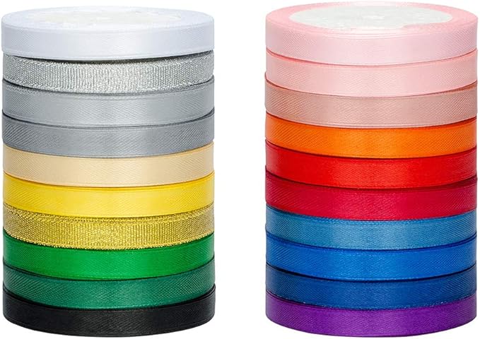 20 Colors 300 Yard Satin Ribbon -18 Silk Ribbon Rolls & 2 Glitter Metallic Ribbon Rolls, 2/5" Wide 15 Yard/Roll, Ribbons Perfect for Crafts, Hair Bows, Gift Wrapping, Wedding Party Decoration and More