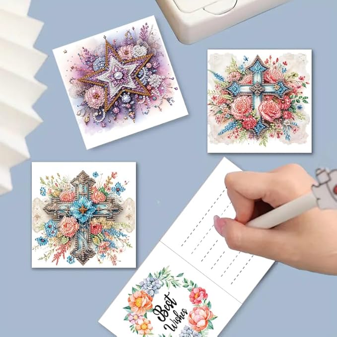MaiYiYi 6 Pack DIY Cross Flower Diamond Art Greeting Cards Kit Cross Diamond Painting Greeting Cards Flowers Greeting Card Crystal Diamond Painting Set for Family Friends Holiday Birthday