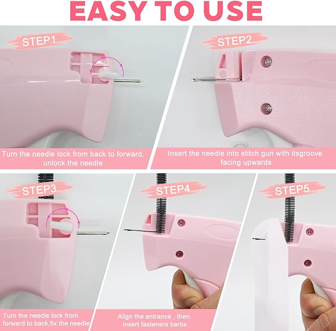 Stitch Gun for Clothes, Handheld Stitch Gun Quick Clothing Fixer, Sewing Kit Includes 6 Needle, 2000 White + 2000 Black Fasteners, Pink, Garment Repair Tool