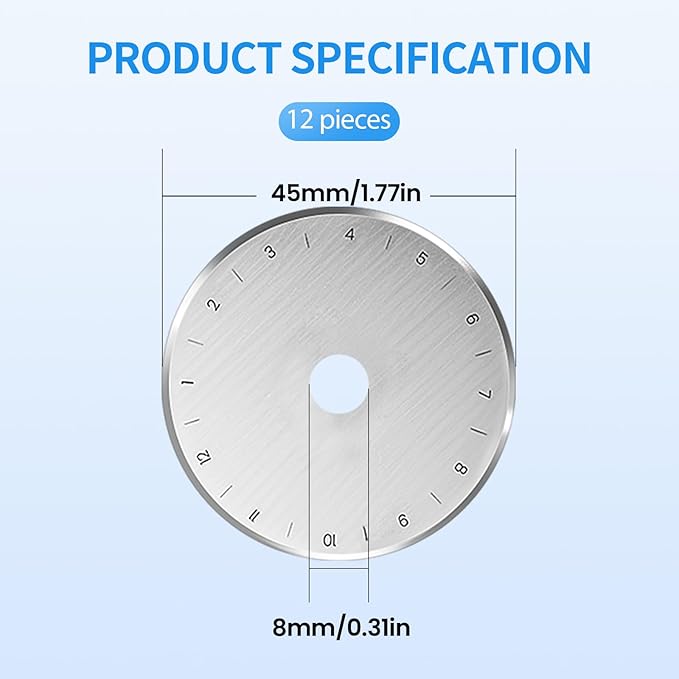 12 Pack 45mm Rotary Steel Blades, Sharp and Durable Rotary Replacement Blades with Scale for Quilting Sewing Fabric Cutting (Circular Hole)