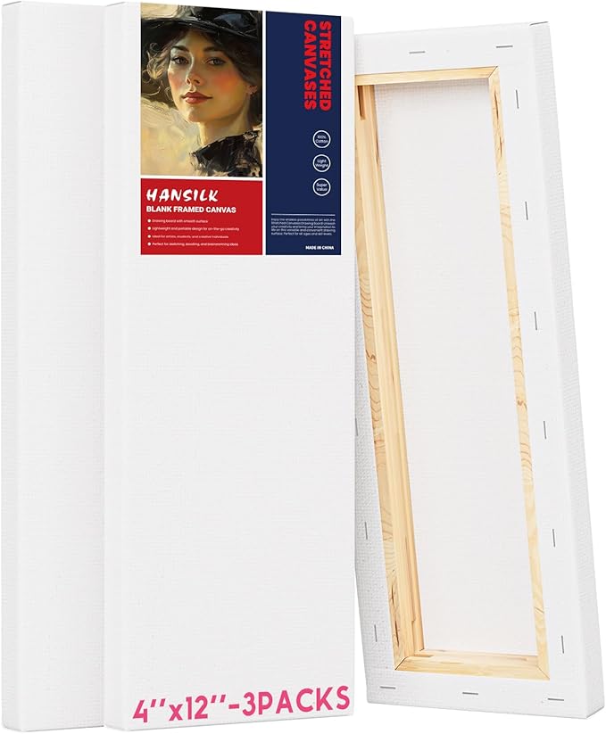 Art Supplies Stretched Canvas for Painting 4×12 Inch，3 Pack Primed Acid Free Cotton Canvases Thickened Blank Canvas Panels for Painting, Acrylic Pouring, Oil Paint