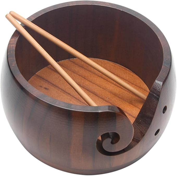 Wooden Yarn Bowl with Bamboo Crochet Hooks, Knitting Accessories DIY Hand Craft Yarn Holder Dispenser Storage Bowl for Skeins, Birthday Gifts for Crocheters Knitting Lovers(Color:Brown)