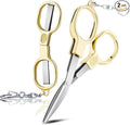 2 Pcs Folding Stainless Steel Portable Mini Small Travel Scissors, Safety Foldable Pocket Badge Nursing Scissors with 2 Keychain for Travel, Home, Office, Craft, Sewing (Gold)