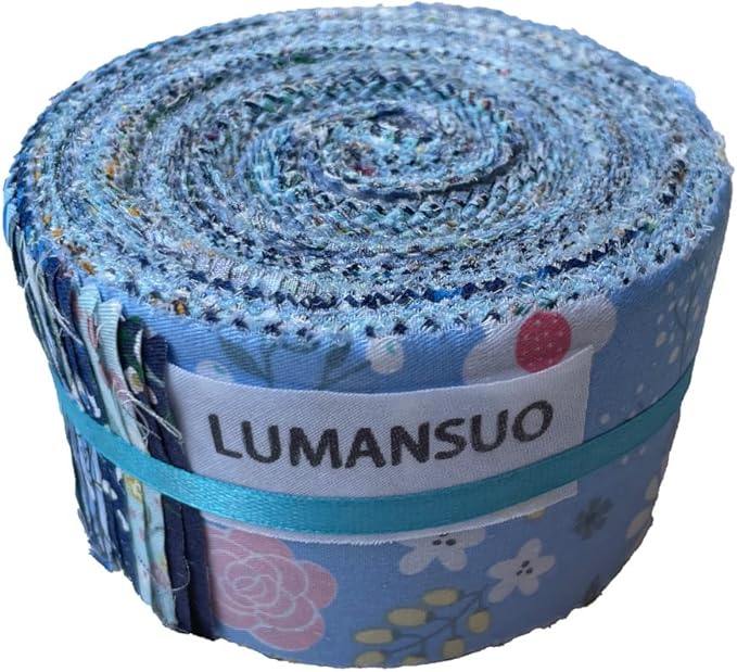 LUMANSUO Jelly Roll Fabric Strips 40PCS (2.5 x 44 Inch)- 20 Assorted Floral Prints, 100% Cotton, Precut Fabrics for Needlecraft and Quilting Sewing， Blue Moonlight